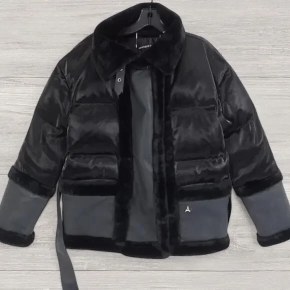 Maniere De Voir Vegan Leather and Plush Puffer Jacket with Belt